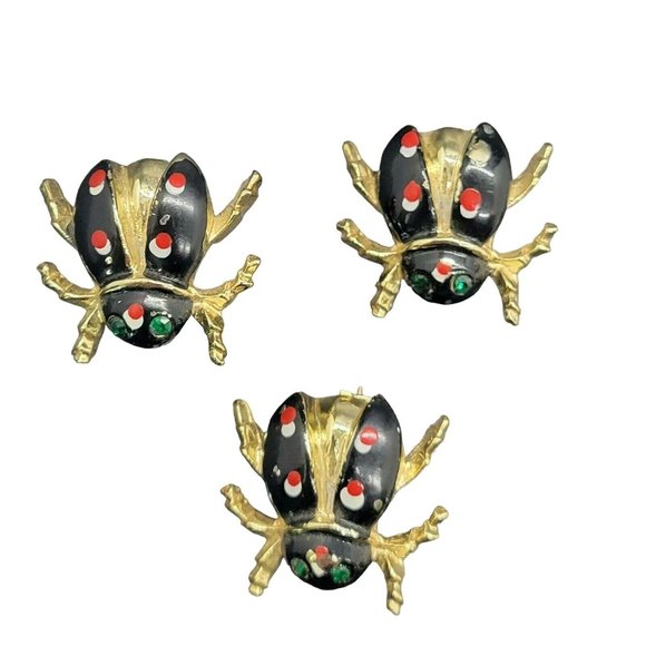 Vintage Glam Bug Beetle Mini Brooch Pins Enamel Rhinestone eyes - Picture 2 of 5